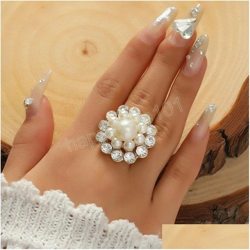 korean small flower ring for women girl simple pearl crystal wedding band open ring femme valentines day gift