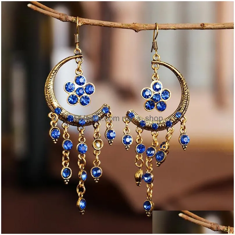 bohemian fashion jewelry vintage earrings womens rhinstone flower dangle tassels earrings