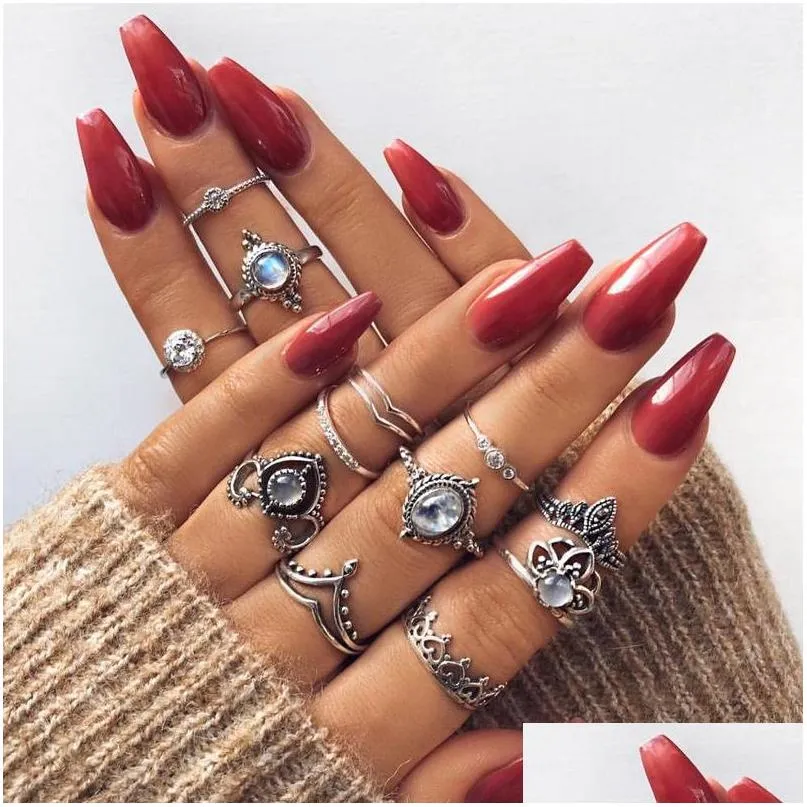 fashion jewelry vintage knuckle ring set crown flower hollow out stacking rings set 12pcs/set