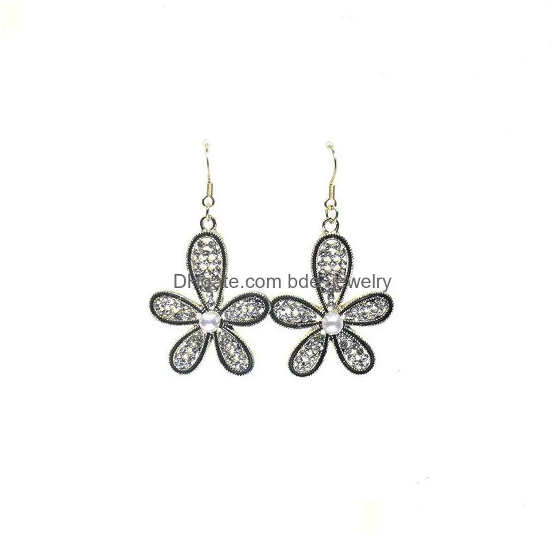 fashion jewelry s925 sliver post flower earrings rhinstone flower dangle earrings