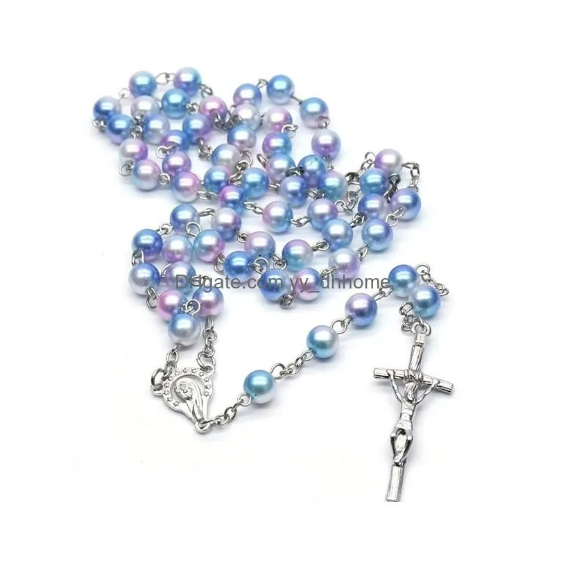  religious jewelry colorful plastic rosary necklace metal cross catholic necklace