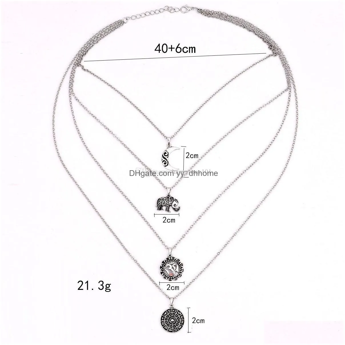 vintage multilayer om pendant necklace for women fashion sexy bohemian elephant moon chain necklaces collar jewelry gifts