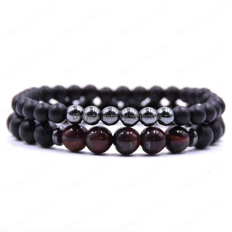 luxury design handmade colorful natural stone bracelet lovers 8mm and 6mm black beads bracelet 2pcs/set