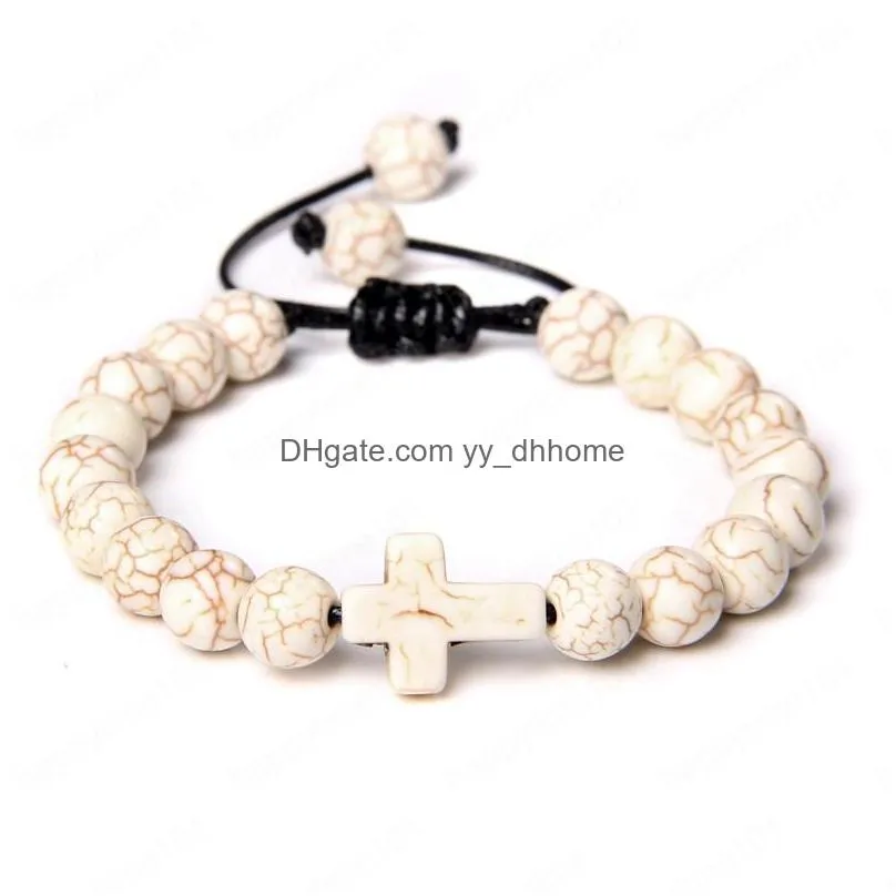 natural stone braided bracelets turquoises beads cross charm woven bracelet female male jewelry women gift