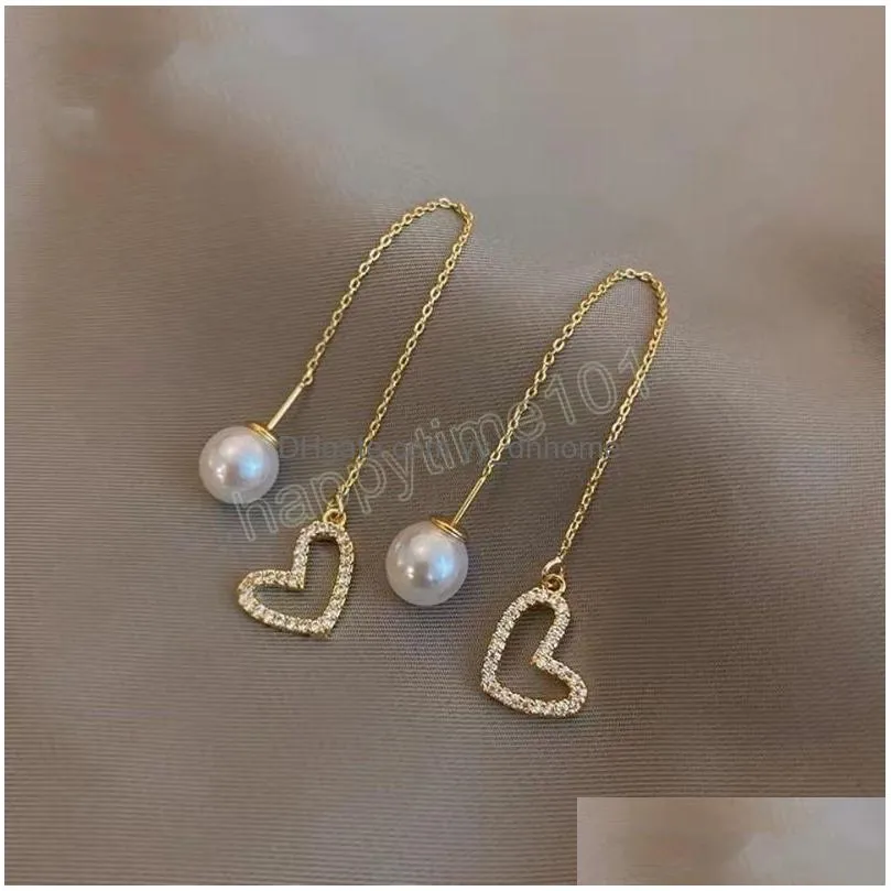 classic pearl pendant peach heart love dangle earring ear line fashion korean jewelry for woman party girl earrings