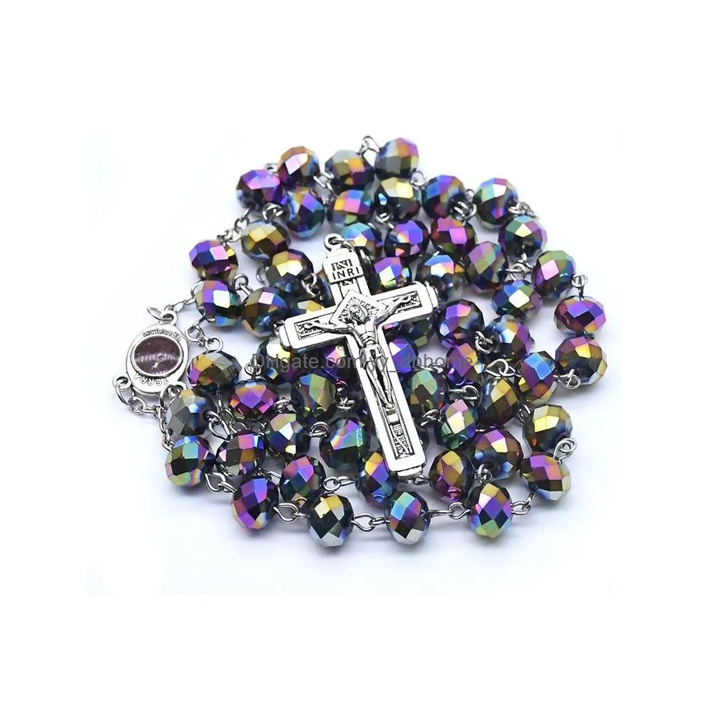 catholic rosary necklace big crystal vintage jesus cross pendant religious jewelry gifts for men women