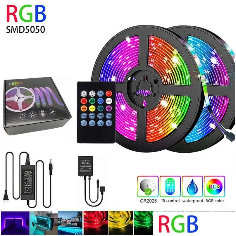 rgb led strip light smd5050 diode flexible ribbon 5m 10m led strip full set with music controller 20 keys remote 12v power adapter