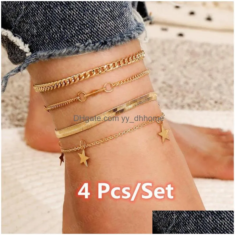 4 pcs set fashion gold color star pendant anklets simple snake chain anklet set charm party jewelry gifts