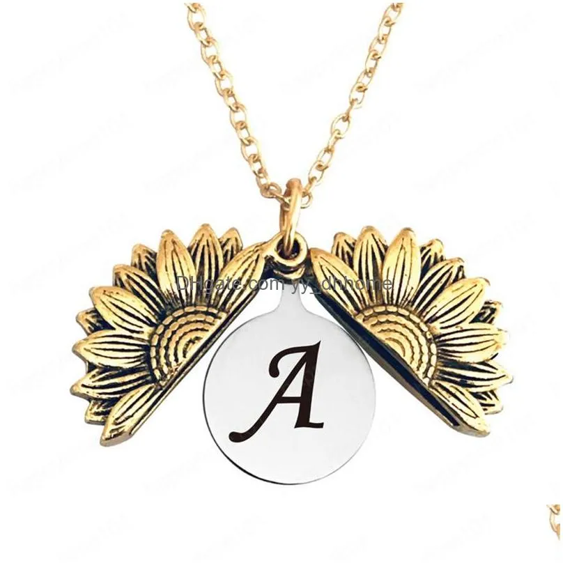 az 26 english letters sunflower necklaces for women golden open engrave long chain sun flower female pendant necklace jewelry