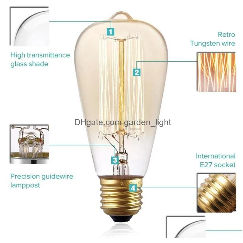 retro edison light bulb e27 110v 220v 40w st64 a19 t10 t45 t185 filament vintage ampoule incandescent bulb edison lamp