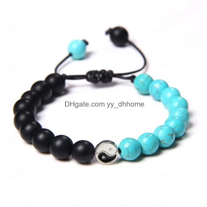 tai chi diagram charm natural stone braided bracelets turquoises adjustable rope length woven bracelet women men gift