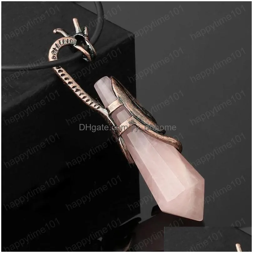 vintage pendant necklaces natural crystal faceted stones healing point antique copper plated dragon pendants men women