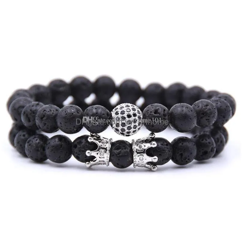 fashion 8mm beads volcanic stone bracelet natural stone bracelets set microinlaid zircon energy crown beaded bangle 2pcs/set jewelry