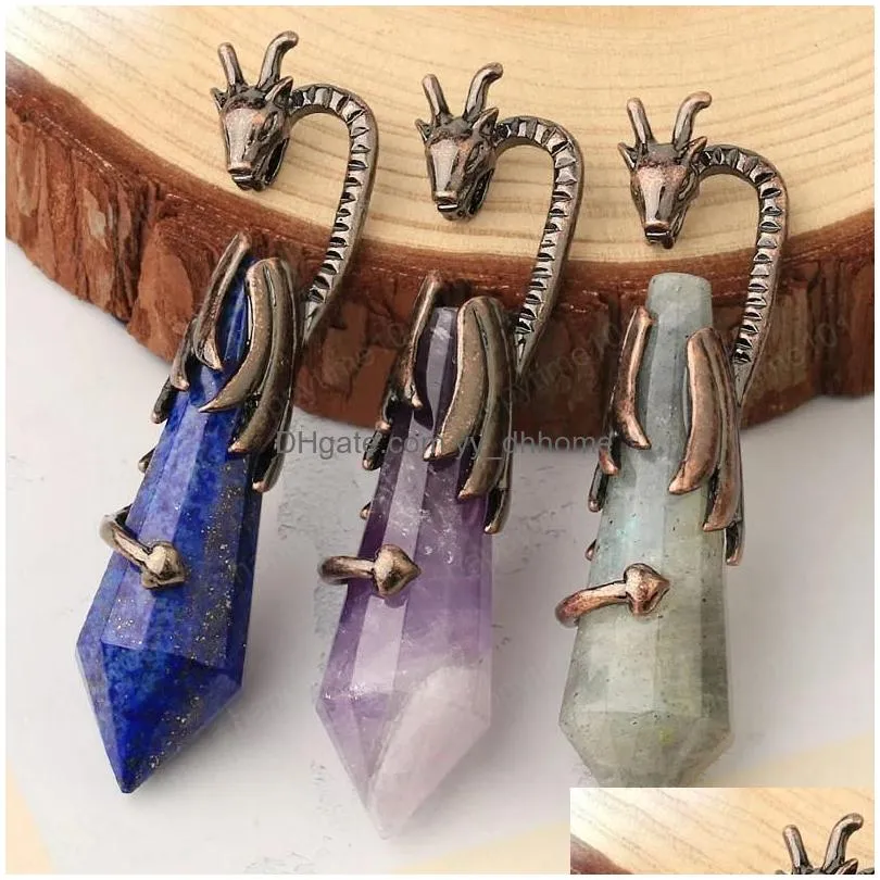 vintage pendant necklaces natural crystal faceted stones healing point antique copper plated dragon pendants men women