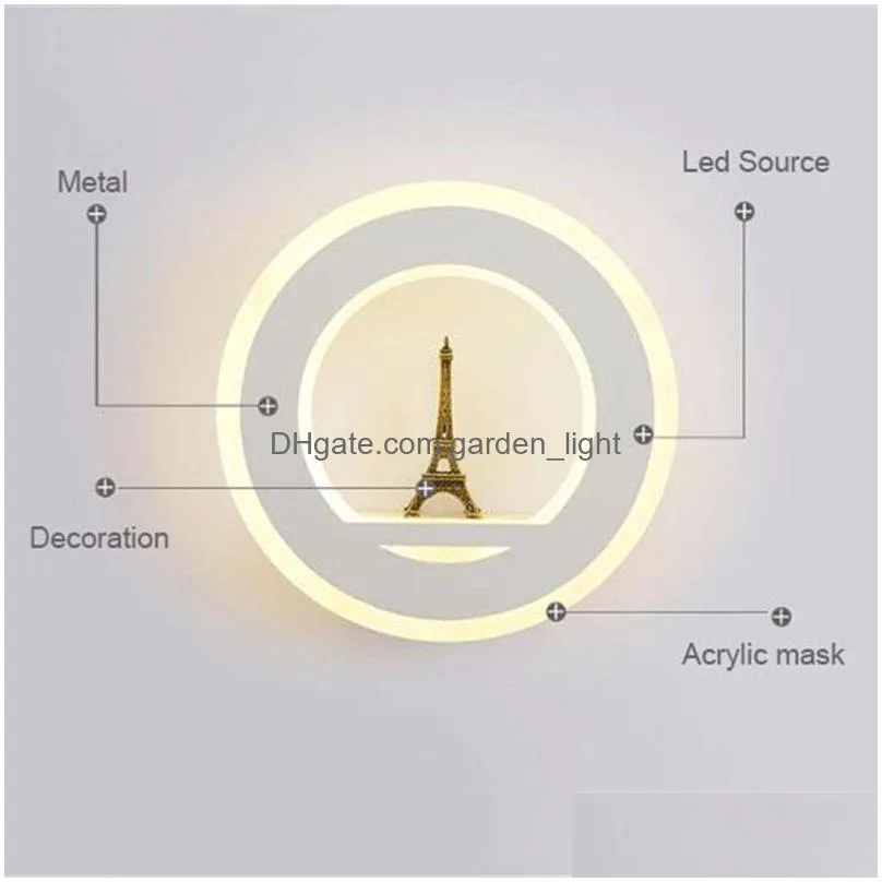 19w led wall light ac85265v wall mouted paris tower wall lamp acrylic round indoor decorative lamp for bedroom study foyer