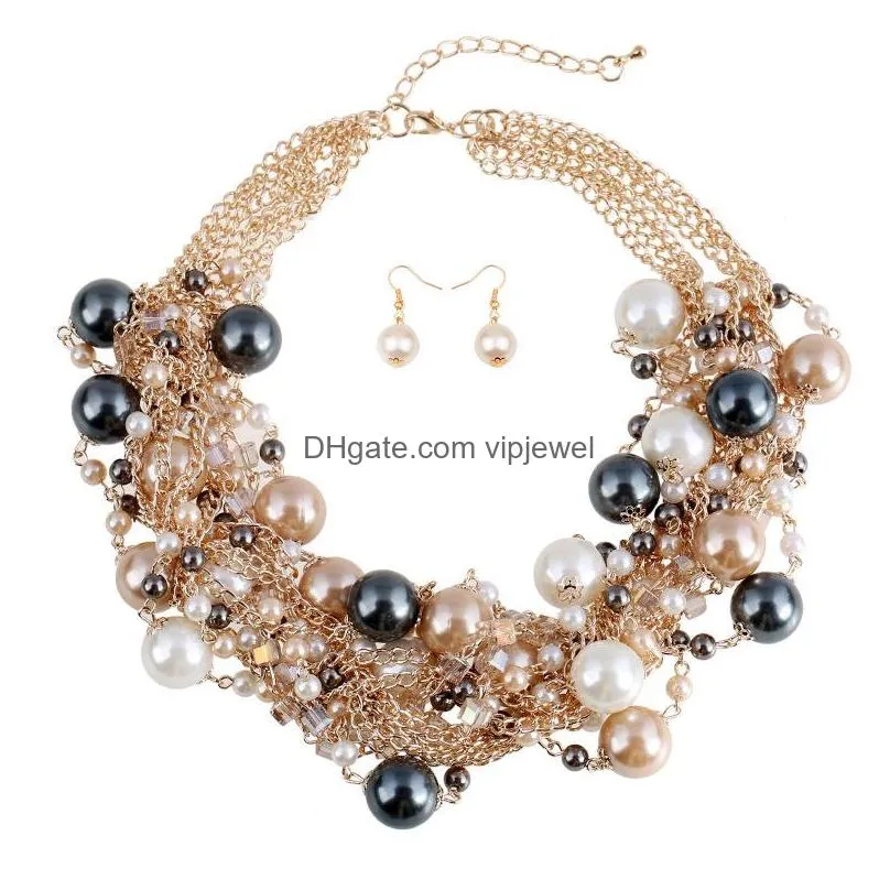 europe party casual jewelry set womens exaggerated mixed color pearl beads necklace short earrings necklace set