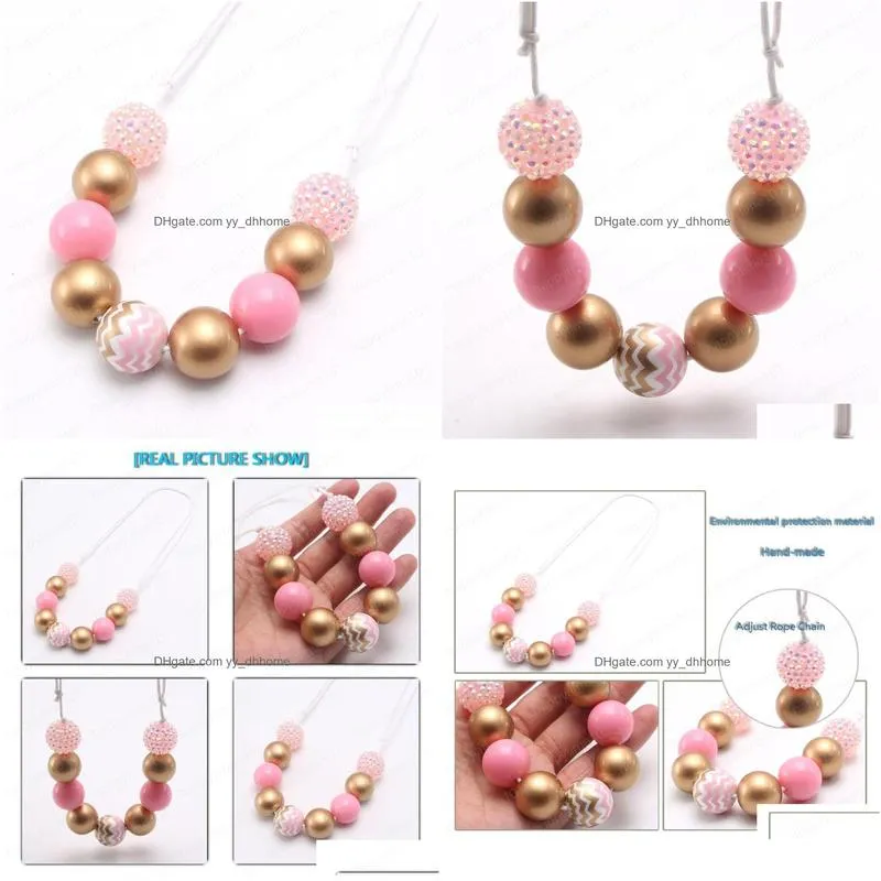  pink gold color chunky beads necklace child girls adjustable rope necklace fashion chunky jewelry accessories