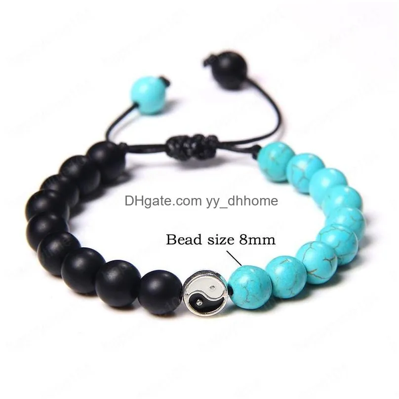 tai chi diagram charm natural stone braided bracelets turquoises adjustable rope length woven bracelet women men gift