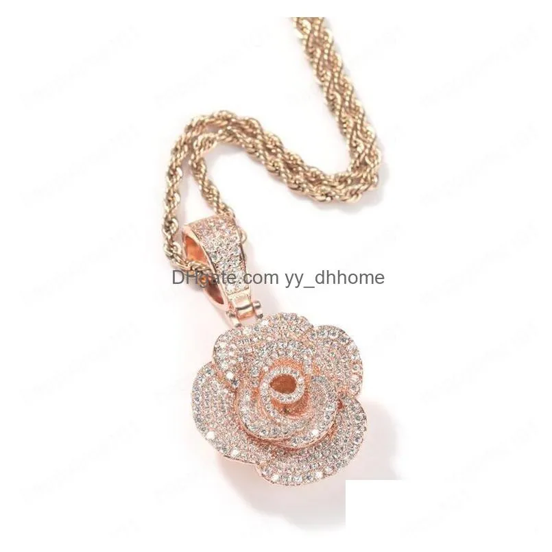 hip hop three dimensional rose pendant necklaces for men women luxury designer mens bling diamond gold chain necklace jewelry love