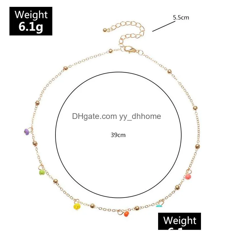 fashion women necklaces simple boho colorful round beads gold chain rice bead pendant charms alloy necklace jewelry for girls