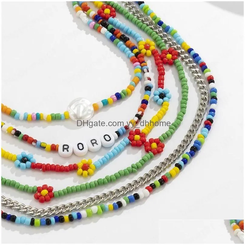 pearl flowers colorful beaded necklaces women acrylic letter allot thin clavicle chains european multi layer splicing vacation neck