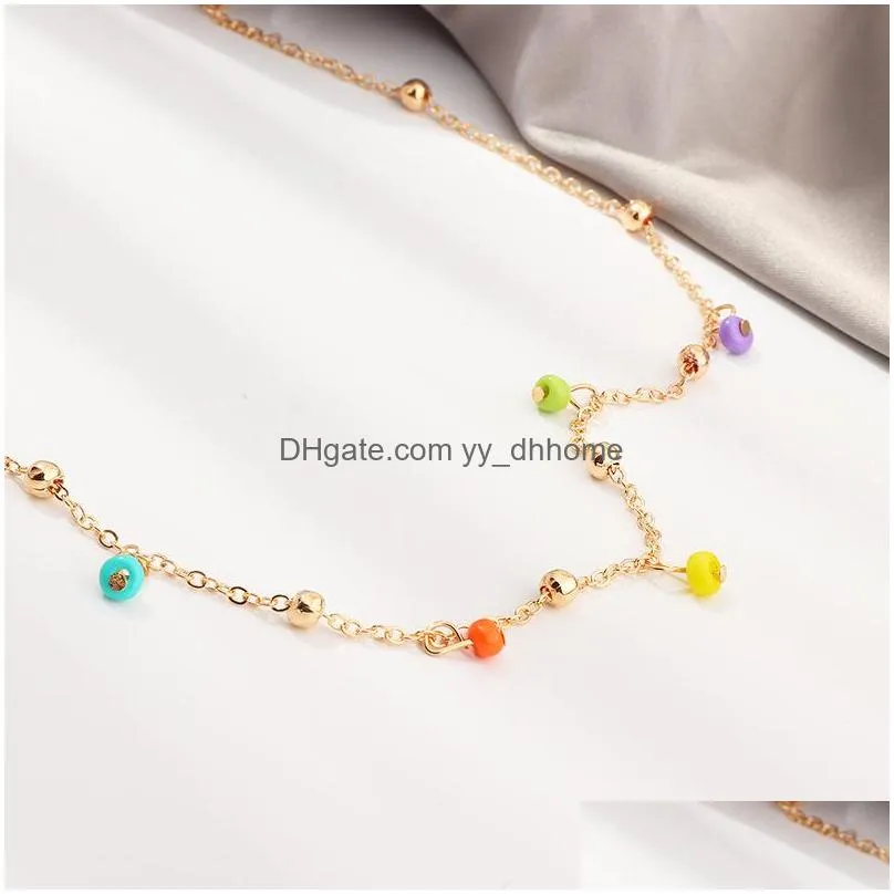 fashion women necklaces simple boho colorful round beads gold chain rice bead pendant charms alloy necklace jewelry for girls