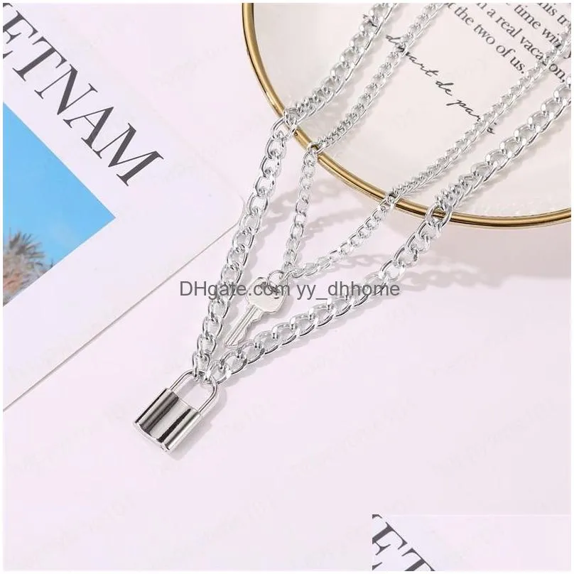 lady female girl women girlfriend couples lover metal silver gold color double thick chain lock key pendant charm necklace