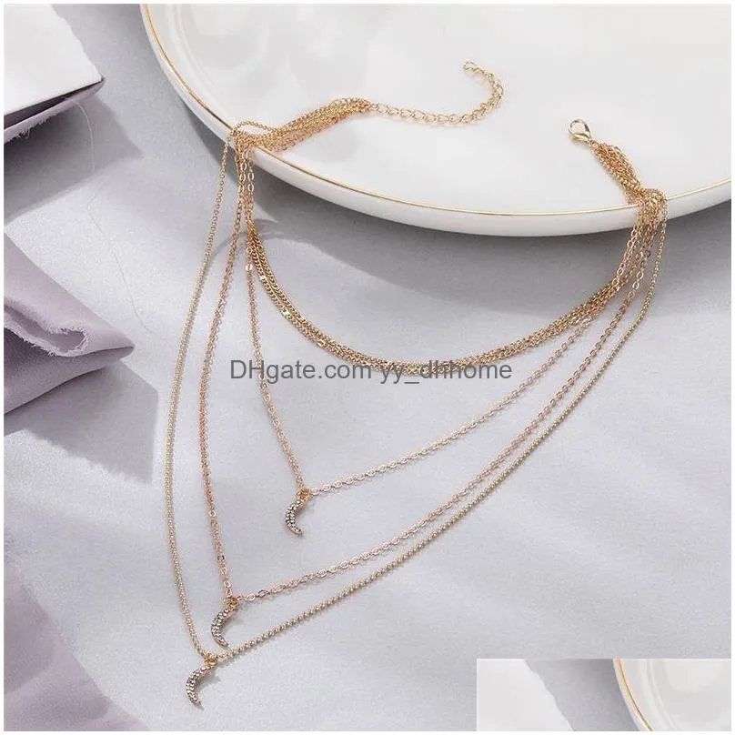 boho crescent crystal pendant necklace for women multiple layers gold chain necklace fashion jewelry collares de moda 2020