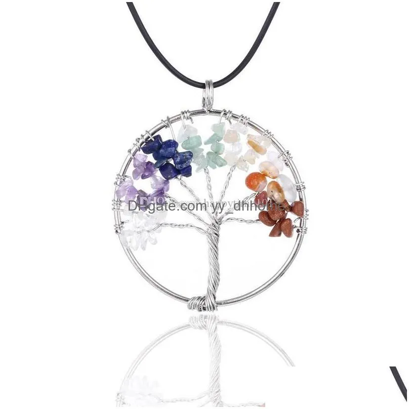 fashion tree of life necklaces rainbow 7 chakra natural stone quartz wisdom tree pendant black rope chains for women jewelry gift