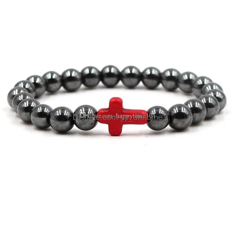  fashion hematite bracelets black stone 8mm cross bracelets turquoise cross elastic bangles for unisex gift