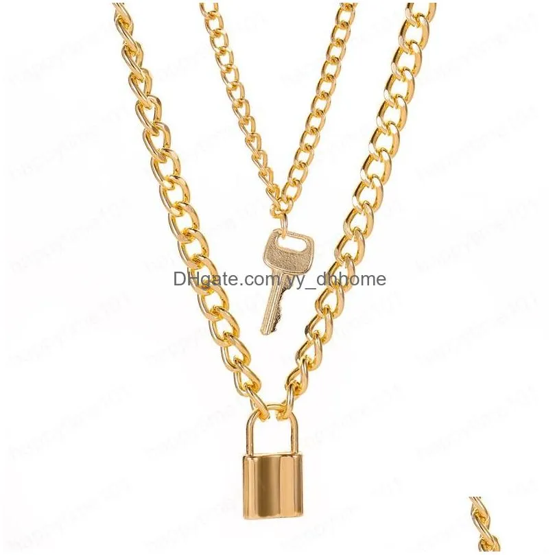 lady female girl women girlfriend couples lover metal silver gold color double thick chain lock key pendant charm necklace