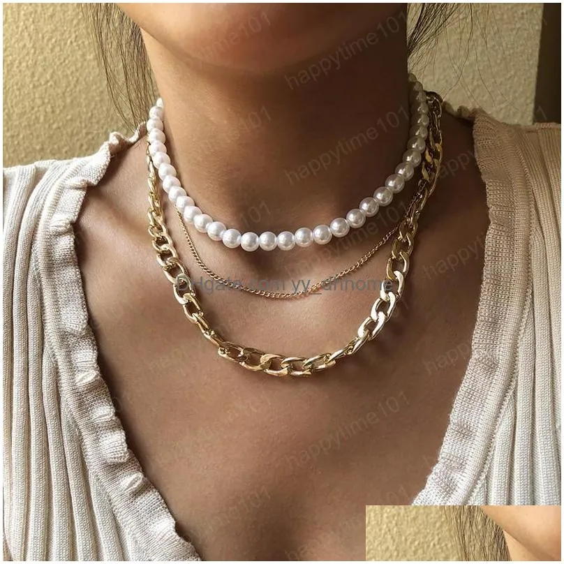 punk thick chain necklace for women multilayer pearl vintage choker collar fashion jewelry wholesale