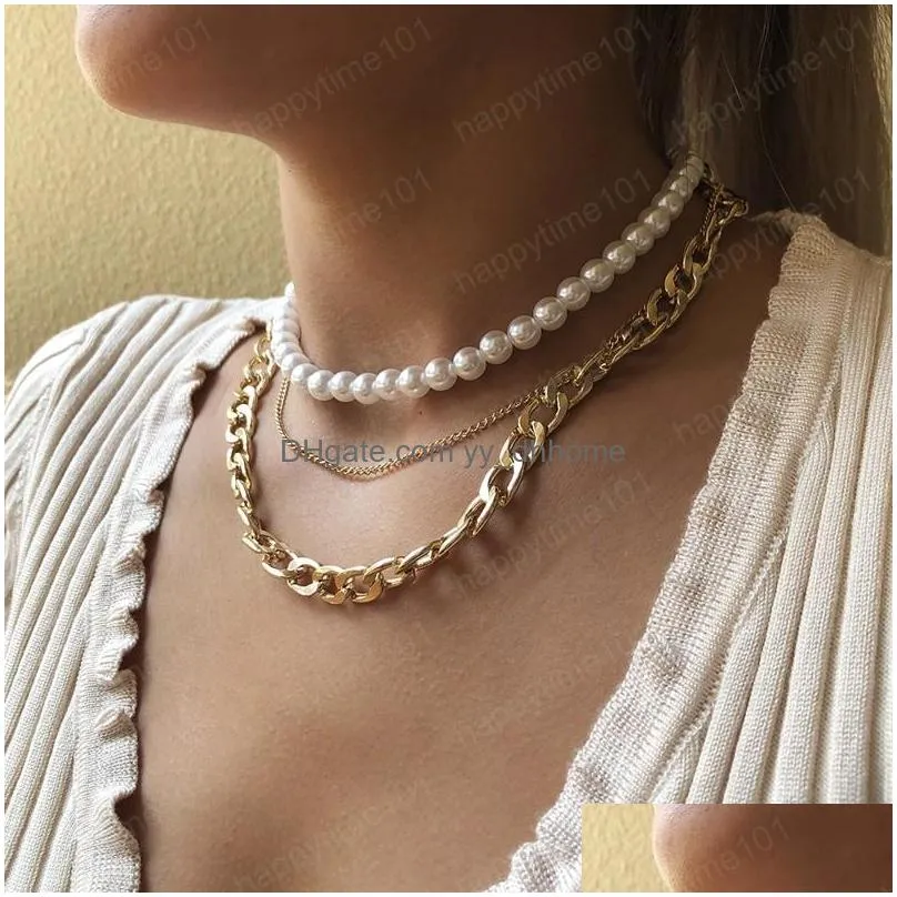 punk thick chain necklace for women multilayer pearl vintage choker collar fashion jewelry wholesale