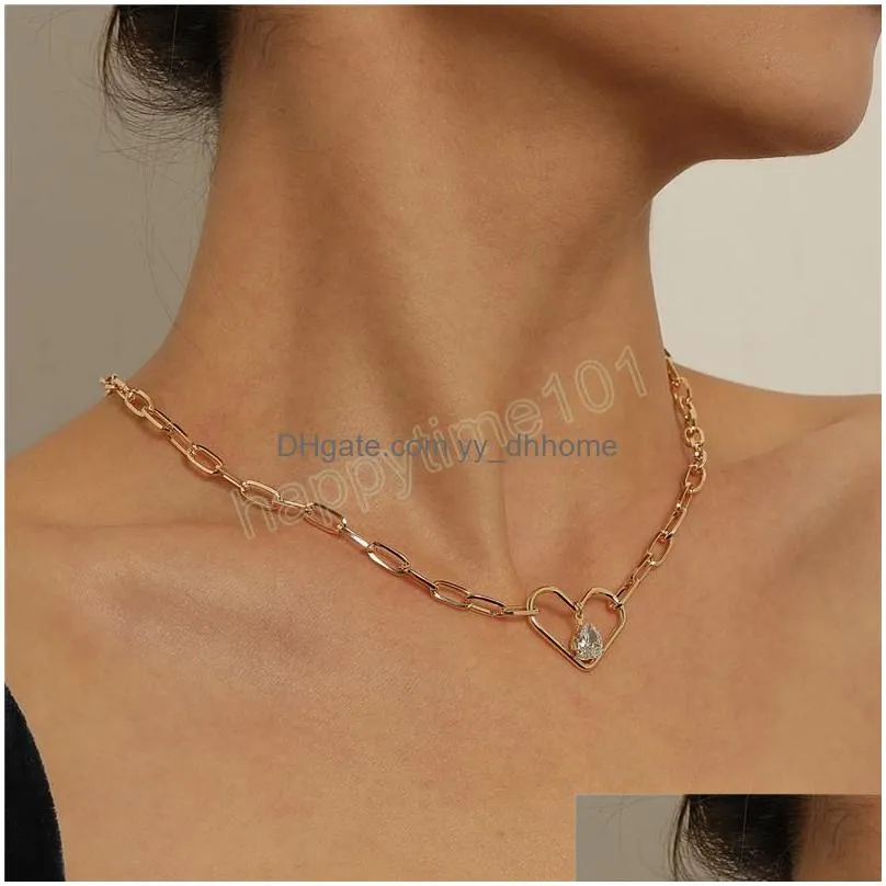 elegant crystal heart pendant choker necklace for women girls wedding bridal simple metal clavicle chain neck jewelry