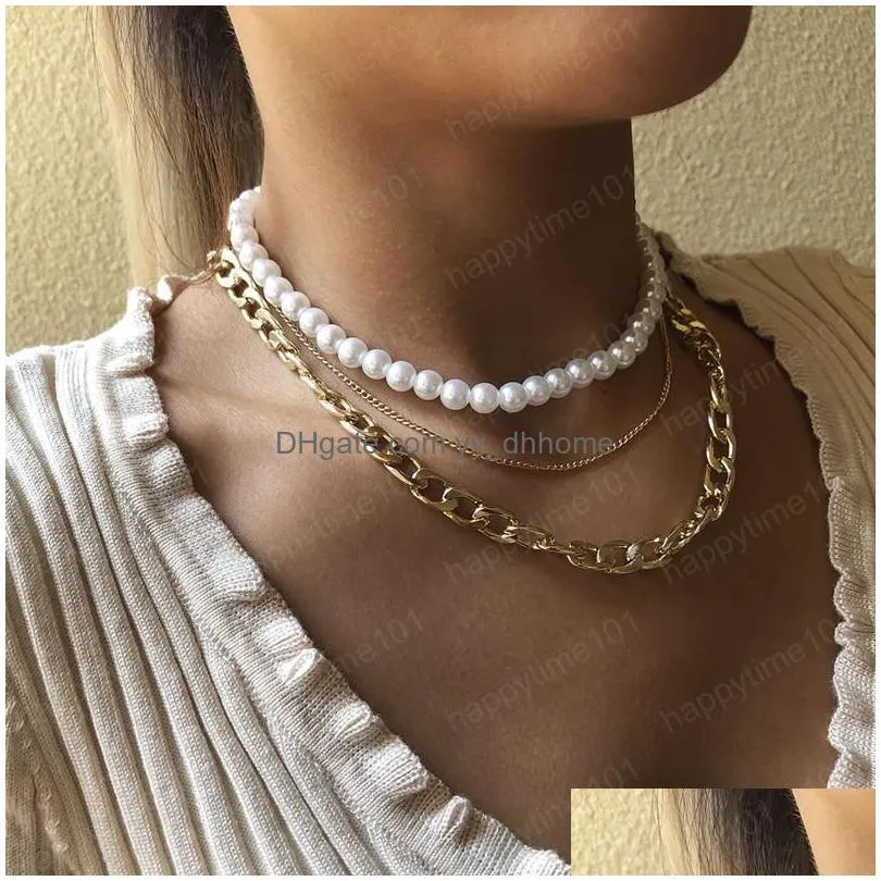 punk thick chain necklace for women multilayer pearl vintage choker collar fashion jewelry wholesale