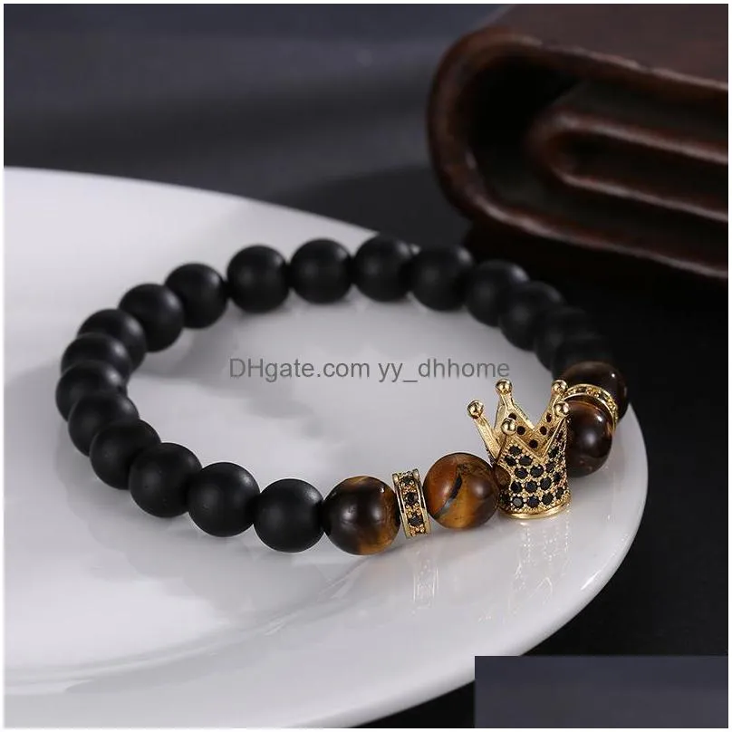 4 colors trendy 8mm black stone pave cz imperial crown charm bracelet men women bracelet jewelry pulseira jewelry