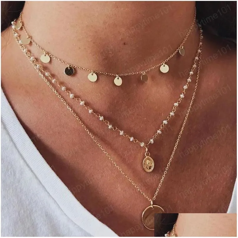 fashion beads layer coin necklace bohemia round sequins choker necklace pendant on neck chain jewelry
