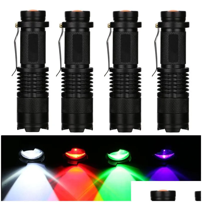 led flashlight lighting led light 3 modes zoomable tactical torch lamp for fishing hunting detector purple green red white