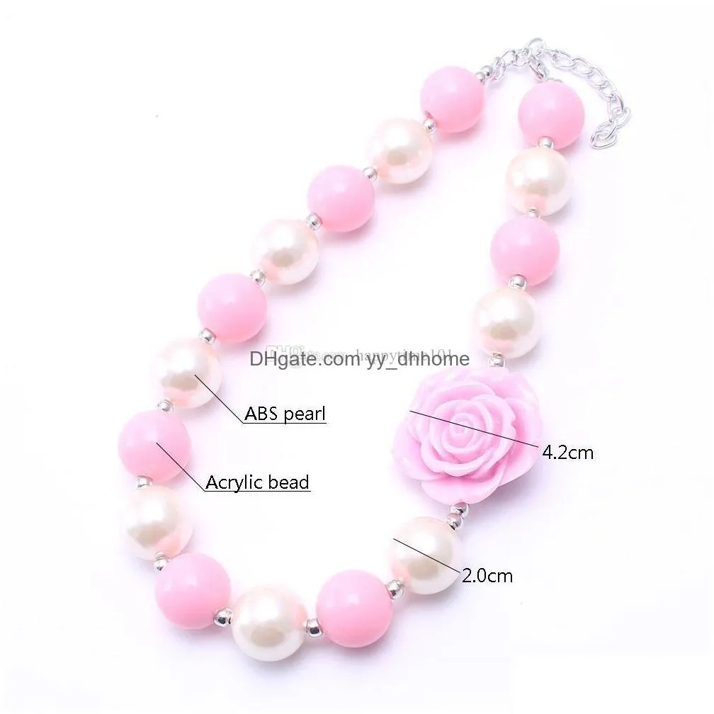 pink rose flower fashion kid chunky necklace pinkaddivory color bubblegum bead chunky necklace children jewelry for toddler girls