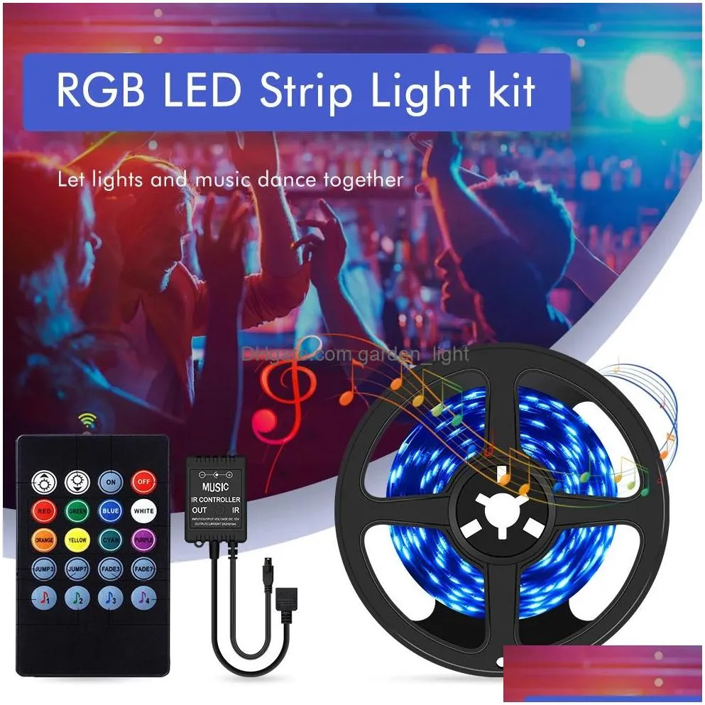 rgb led strip light smd5050 diode flexible ribbon 5m 10m led strip full set with music controller 20 keys remote 12v power adapter