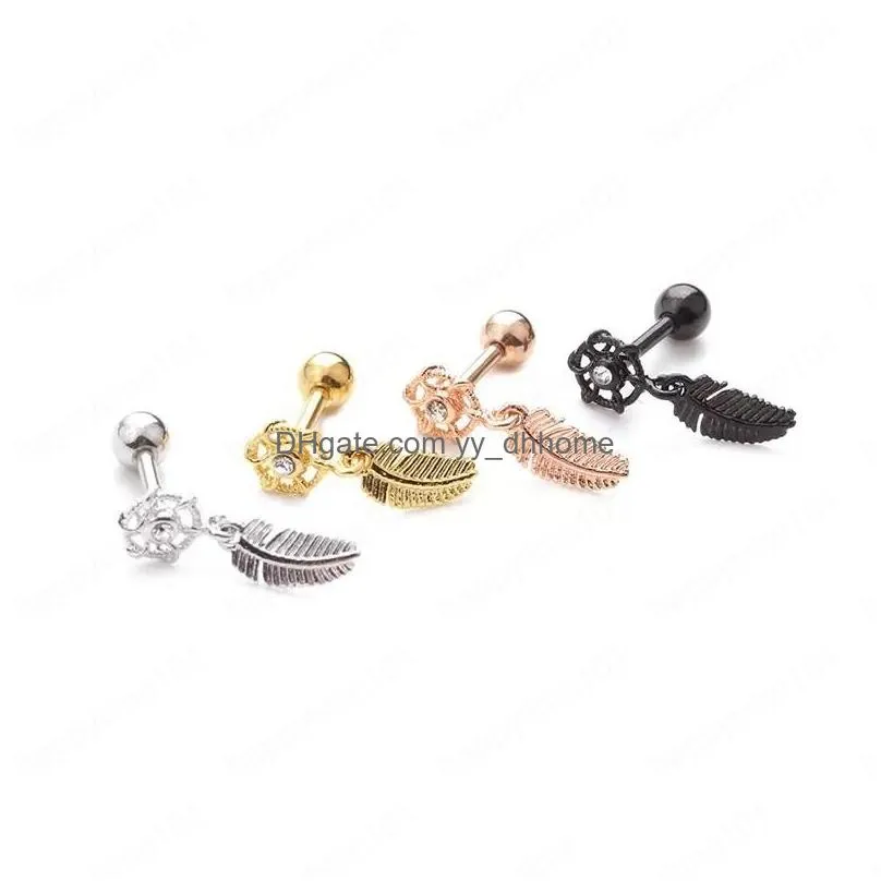 dream catcher zircon stud earrings stainless steel leaf helix tragus conch screw back earring piercing jewelry gifts