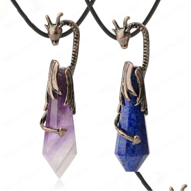 vintage pendant necklaces natural crystal faceted stones healing point antique copper plated dragon pendants men women
