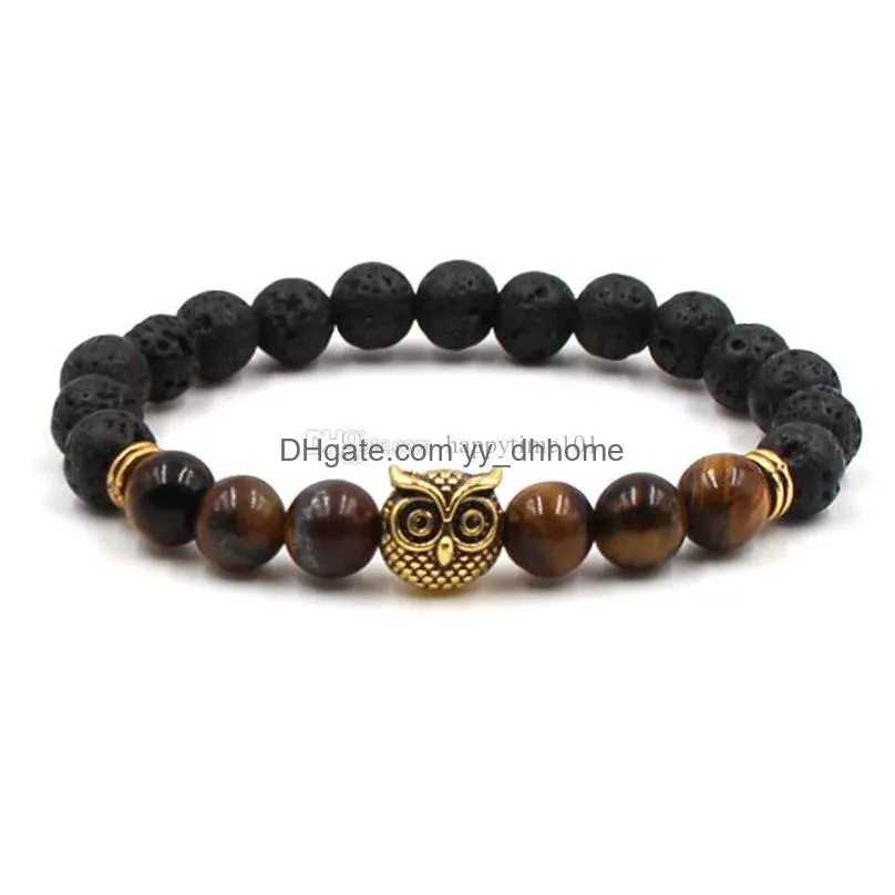 fashion natural black lava stone owl charm elastic bracelet aromatherapy  oil diffuser bracelet for women men