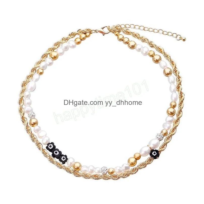 vintage charm gold color metal twisted choker necklace for women irregular imitation pearl necklace bracelet set fashion jewelry