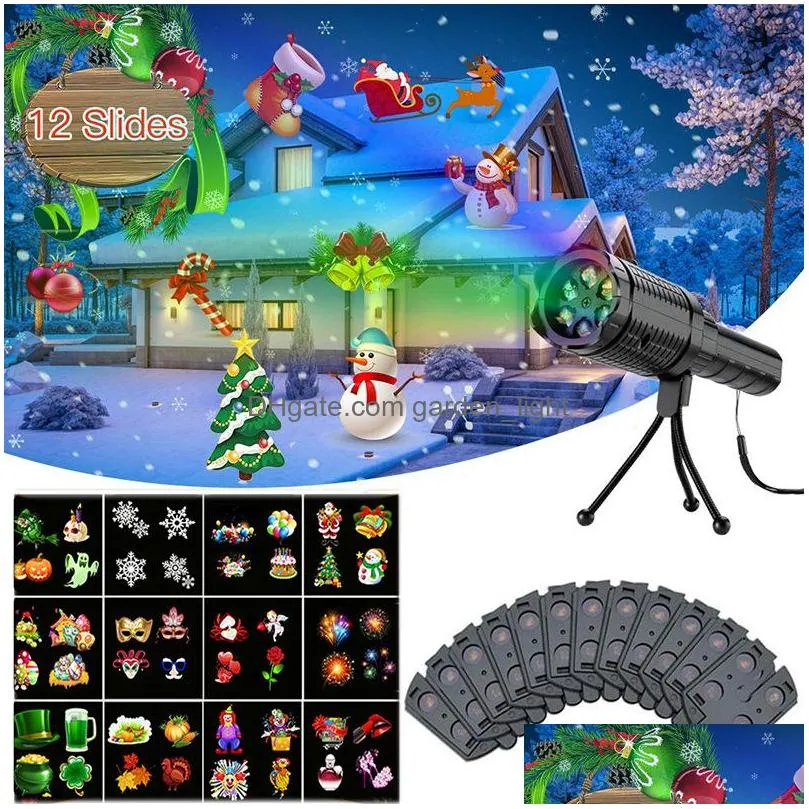 halloween christmas projector lamp holiday party led stage light snowflake landscape 12 pattern card flashlight for decoration
