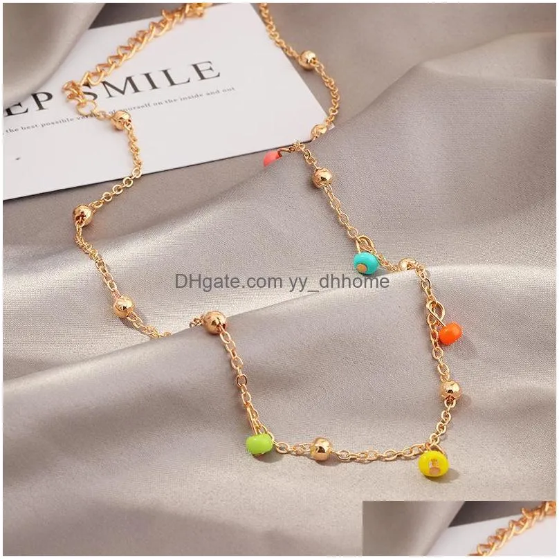 fashion women necklaces simple boho colorful round beads gold chain rice bead pendant charms alloy necklace jewelry for girls