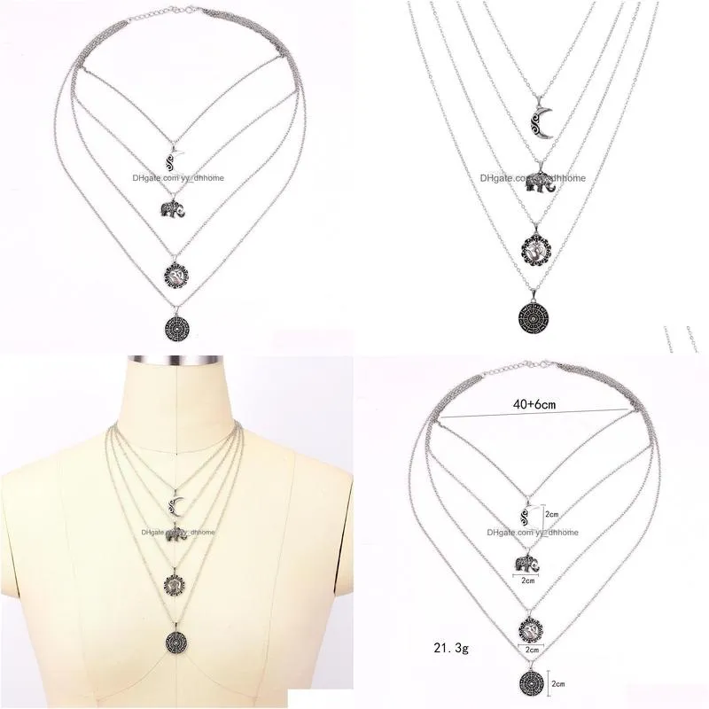 vintage multilayer om pendant necklace for women fashion sexy bohemian elephant moon chain necklaces collar jewelry gifts