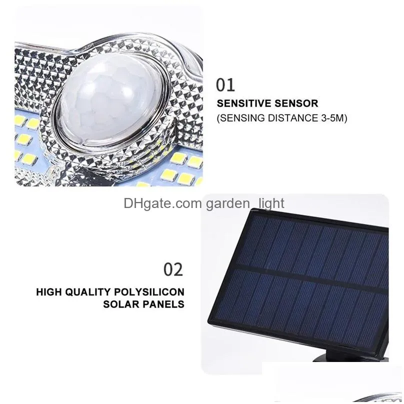 108 122 138 171 leds solar lamps outdoor 3 head motion sensor 270ﾰ wide angle illumination waterproof remote control wall lights