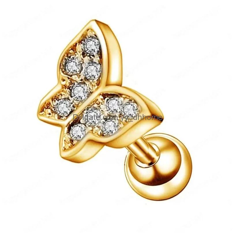 butterfly cartilage studs cubic zirconia helix tragus conch screw back earring stainless steel piercing jewelry women