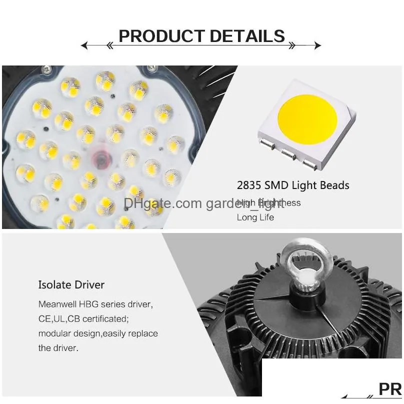 led high bay light 50w 100w 150w 200w ufo 6000k 20000lm ip65 ac85265v leds flood lights aluminium mining highbay lamp